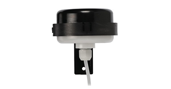 Front view of a GNSS receiver in black with white cable