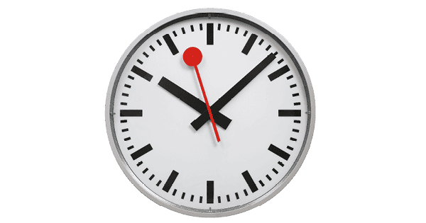 Front view of a Metro clock with red dial in SBB design