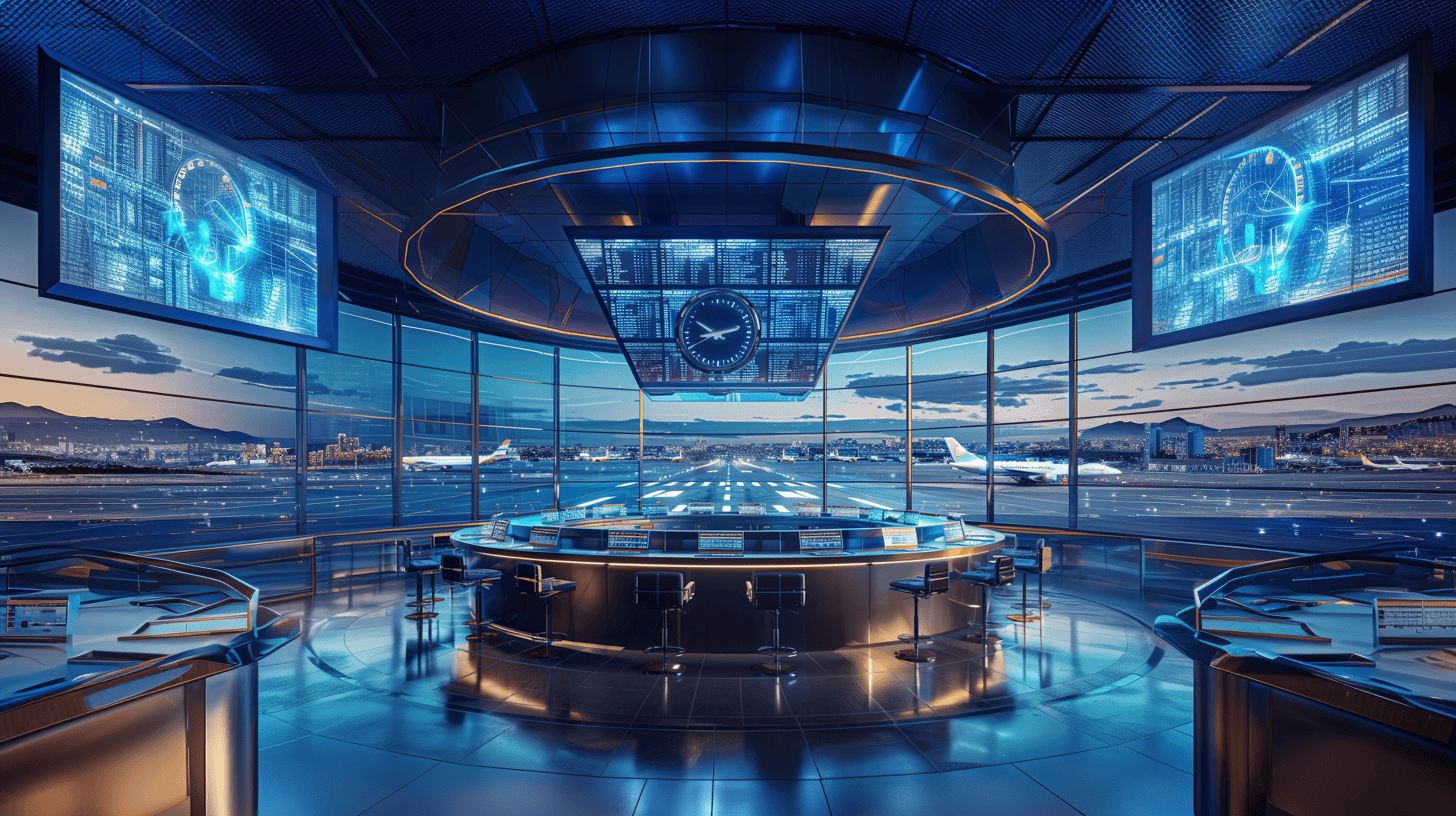 Image générée par l'IA d'un aéroport futuriste qui montre l'importance de la synchronisation temporelle pour l'efficacité des opérations.