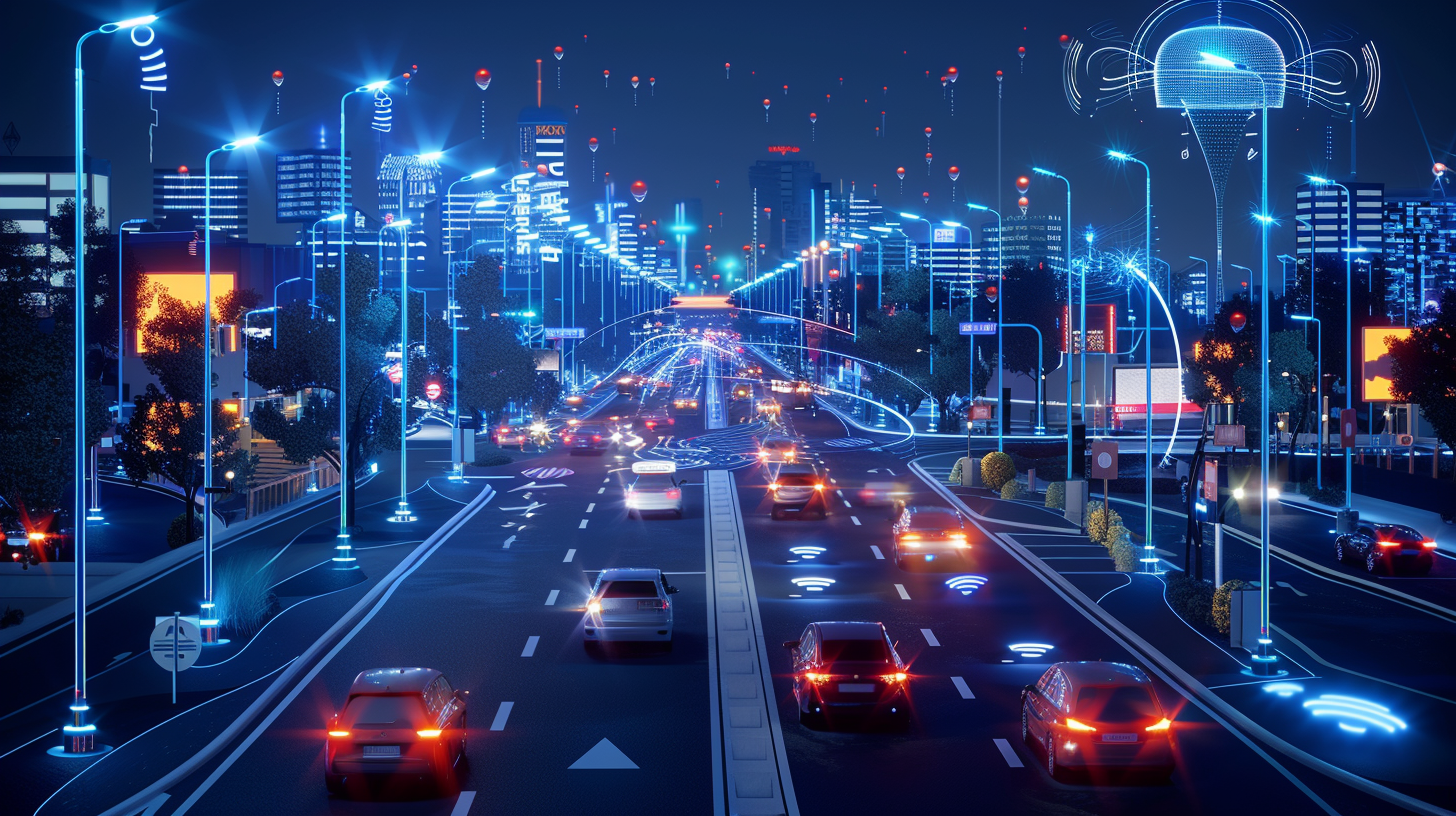 Image générée par l'IA d'une ville futuriste avec un trafic autonome. L'image représente la connectivité de la technologie moderne.