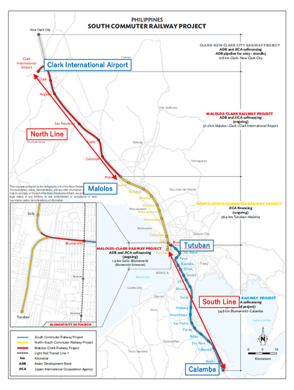 Simplified schematic map of the North-South Commuter Railway (NSCR) alignment in the Philippines, showing the North Line to Clark and the South Line to Calamba via Tutuban and Malolos.
