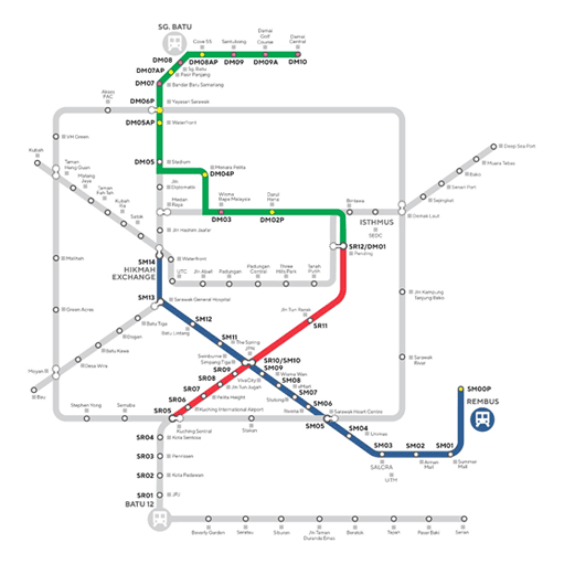 Schematic map of Sarawak Metro KUTS Phase 1 showing the planned Blue, Red, and Green lines connecting key stations across Kuching.