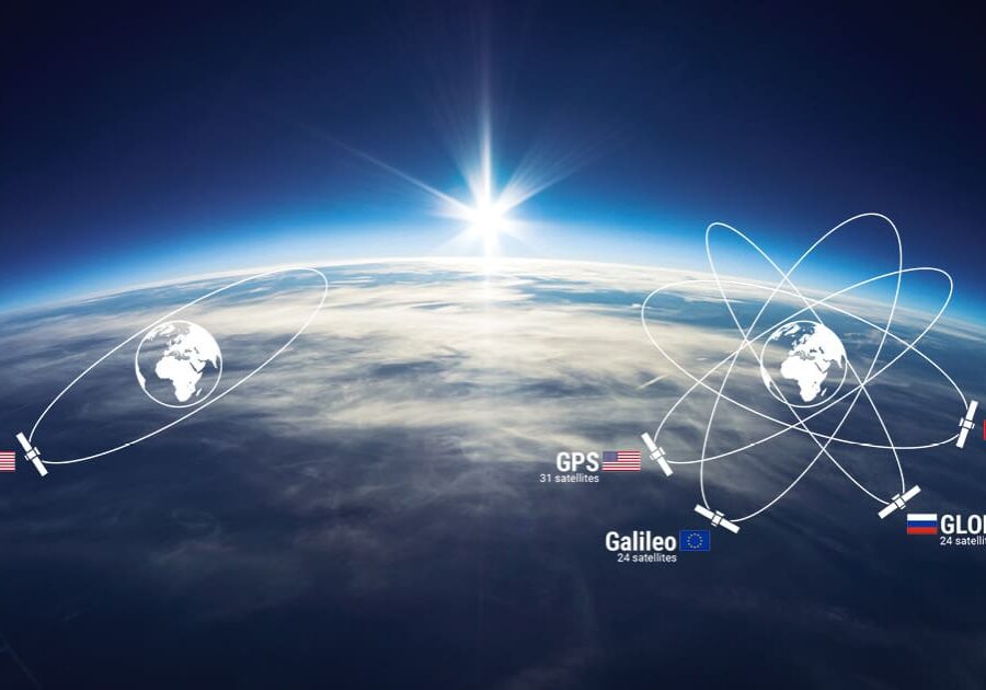 View of the earth from space with sunrise in the background, showing the global satellite navigation systems
