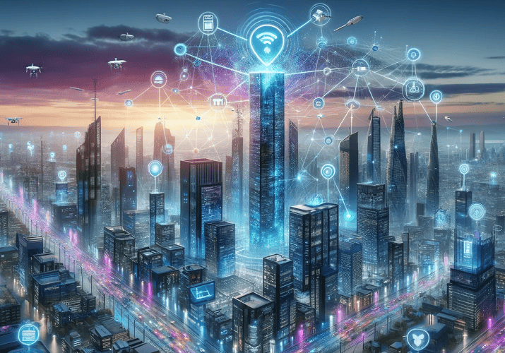 Futuristic city with IoT and NTP technologies at dusk