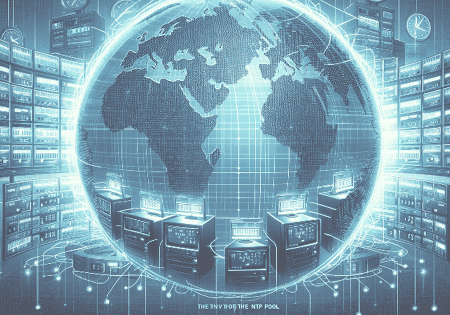 Stylised representation of the global NTP pool with server racks and a world map in the background