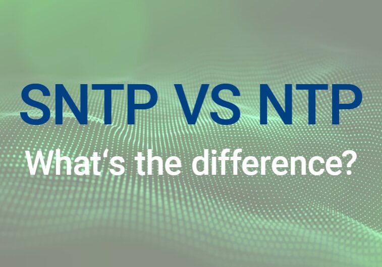 Graphic comparison between SNTP and NTP protocols showing key differences and use cases in network timing.