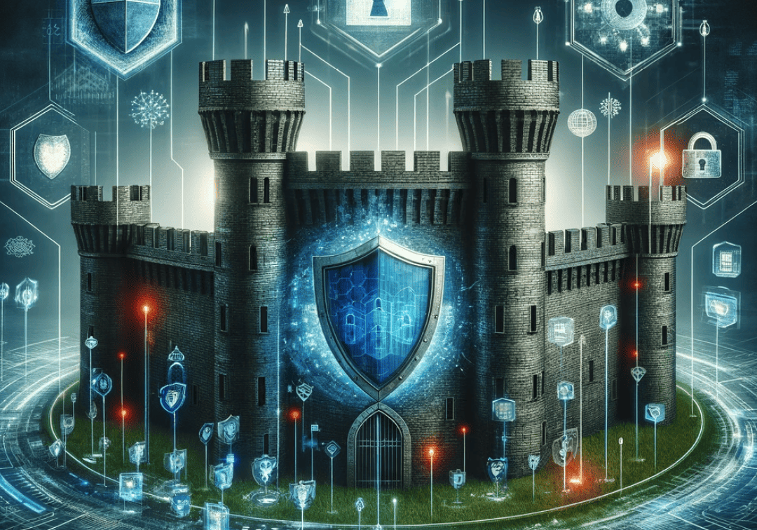 Digital illustration with various cybersecurity symbols such as shields, locks and digital codes in connection with DDoS protection