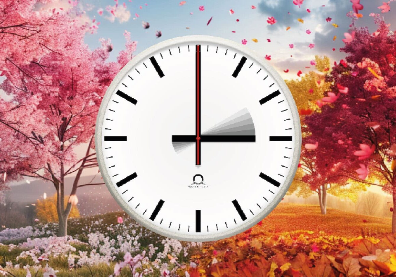 Swiss railway-style clock showing 3:00 in front of a blended spring and autumn landscape, symbolizing the seasonal time change for Daylight Saving Time (DST).