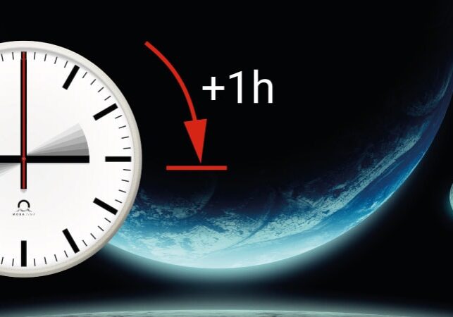 A stylised image of a MOBATIME clock against a background representing outer space, with an arrow marked in red and the text "+1h" indicating a time changeover