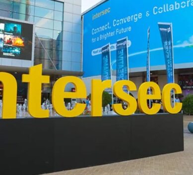 Yellow Intersec lettering Intersec, which is placed in front of the exhibition centre