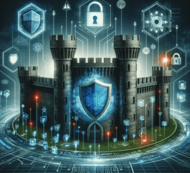 Digital illustration with various cybersecurity symbols such as shields, locks and digital codes in connection with DDoS protection