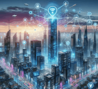 Futuristic city with IoT and NTP technologies at dusk
