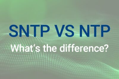 Graphic comparison between SNTP and NTP protocols showing key differences and use cases in network timing.