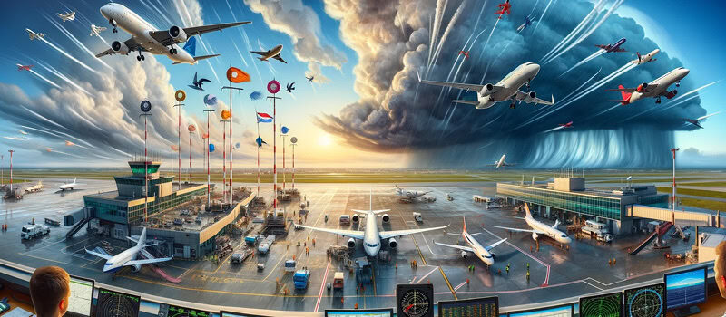 Detailed view of an airport runway with parked aircraft, highlighting the importance of time synchronization at airports