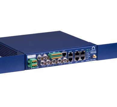 DTS 4163.grandmaster PTP Time Server, copper interfaces, with rack mounting, from 3/4 perspective