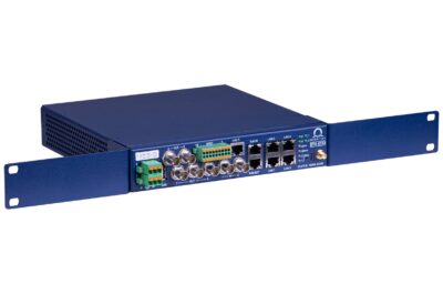 DTS 4163.grandmaster PTP Time Server, copper interfaces, with rack mounting, from 3/4 perspective