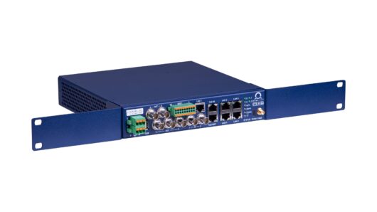 DTS 4163.grandmaster PTP Time Server, copper interfaces, with rack mounting, from 3/4 perspective