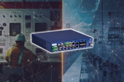 Digitalization in substations: MOBATIME DTS 4163.grandmaster in front of a representation of the evolution of power substations. On the left side, there is an older representation of a substation while on the right side, there is a newer one. The background is blurred.
