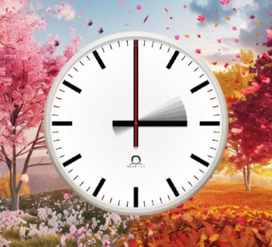 Swiss railway-style clock showing 3:00 in front of a blended spring and autumn landscape, symbolizing the seasonal time change for Daylight Saving Time (DST).