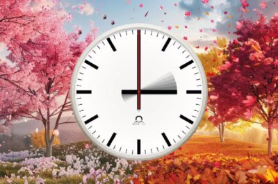 Swiss railway-style clock showing 3:00 in front of a blended spring and autumn landscape, symbolizing the seasonal time change for Daylight Saving Time (DST).