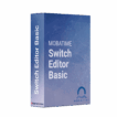 Boîte bleue avec étiquette Switch Editor Basic blanche et logo MOBATIME bleu