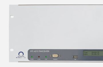 Mobatime DTS4210.timecenter NTP PTP time server 16 network ports (IPv4/IPv6) IRIG seriel telegram, pulse frequenz phase synchronization front view