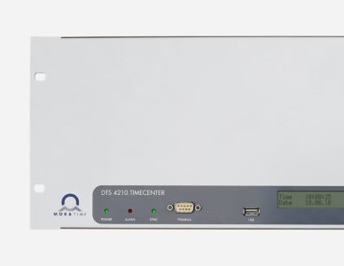 Mobatime DTS4210.timecenter NTP PTP time server 16 network ports (IPv4/IPv6) IRIG seriel telegram, pulse frequenz phase synchronization front view