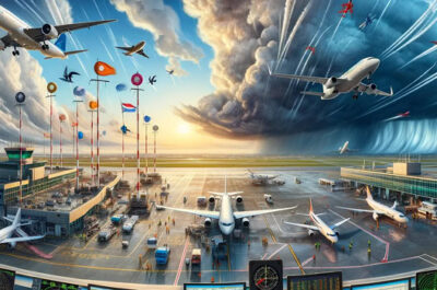 Vue détaillée d'une piste d'aéroport avec des avions en stationnement, soulignant l'importance de la synchronisation horaire dans les aéroports.