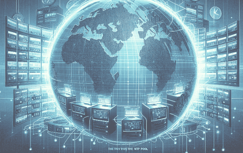 Representación estilizada del pool global de NTP con bastidores de servidores y un mapamundi de fondo