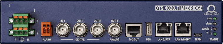 DTS 4020 front view, PTP-Slave, PTP NTP, IRIG, ToD, blue case, 
